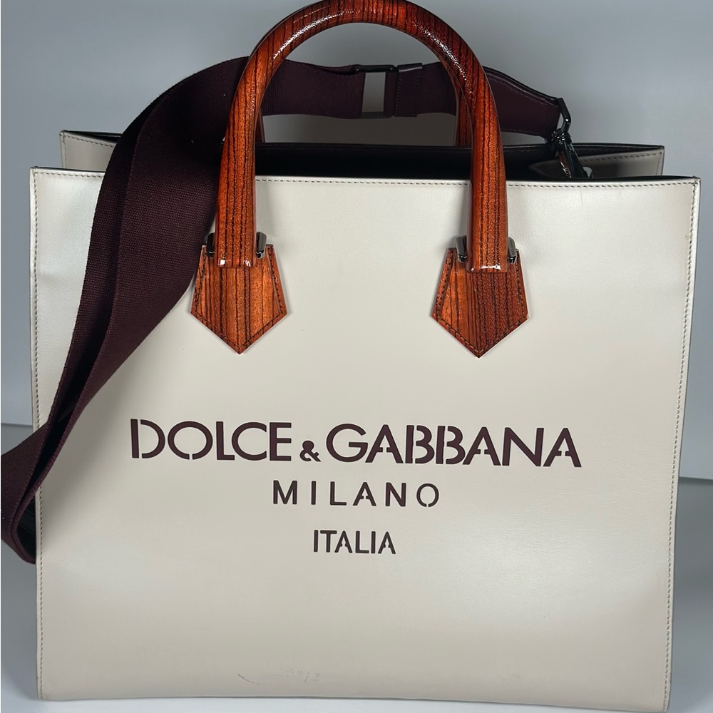 Dolce & Gabbana Cream Leather 2 Way Shopper Tote with Wood-Effect Handles
